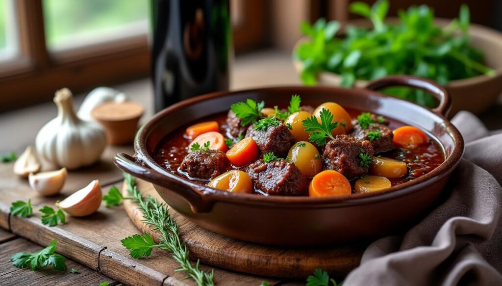 découvrez la recette authentique et facile du boeuf bourguignon de grand-mère, un plat traditionnel français savoureux à préparer chez vous.