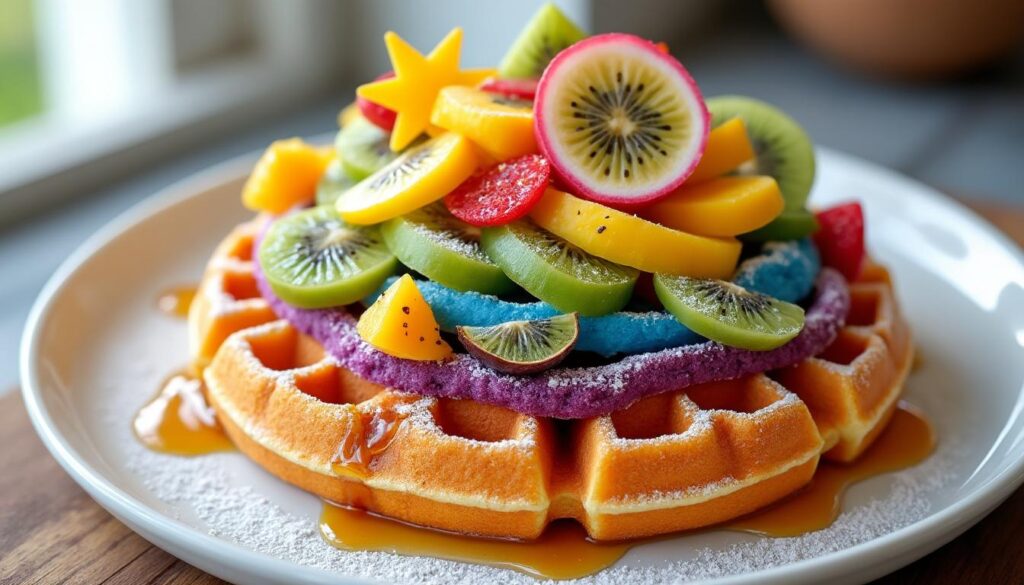 découvrez notre recette facile et rapide de gaufre arc en ciel aux fruits exotiques, un délicieux mélange coloré pour égayer vos petits-déjeuners ou goûters.