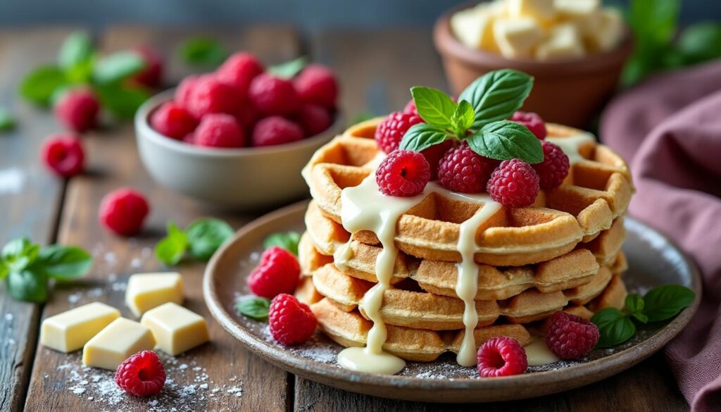 découvrez une recette facile et gourmande de gaufres au chocolat blanc, framboises fraîches et basilic, parfaite pour un dessert original et délicieux.