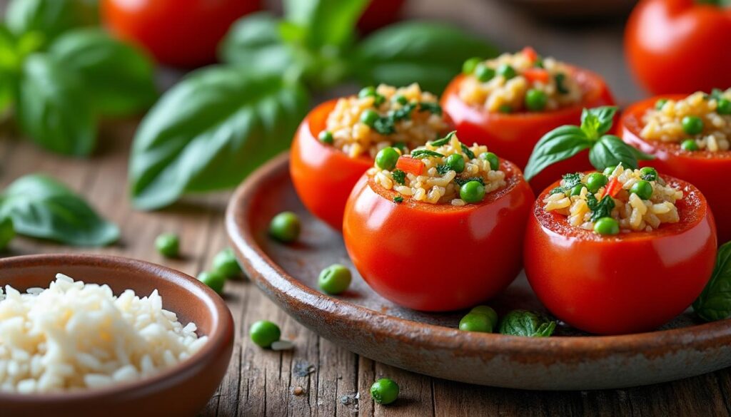 découvrez la recette de tomates farcies de grand-mère, simple et savoureuse, accompagnée de riz pour un repas convivial et délicieux.