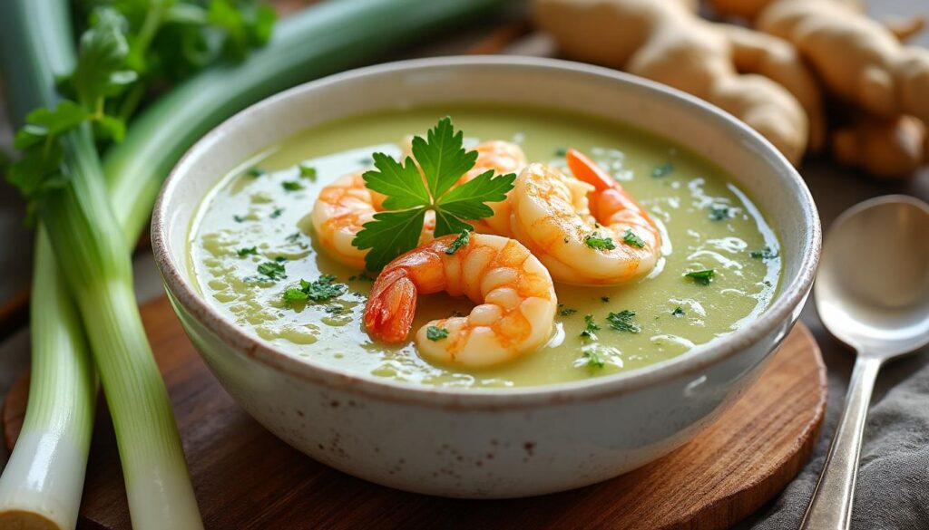 découvrez notre recette rapide de velouté de poireaux accompagné de crevettes sautées au gingembre, un plat savoureux et facile à préparer pour régaler toute la famille.