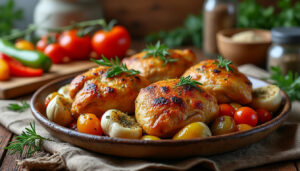 découvrez une recette simple et délicieuse de cuisses de poulet au four, idéale pour un repas savoureux et rapide à préparer.